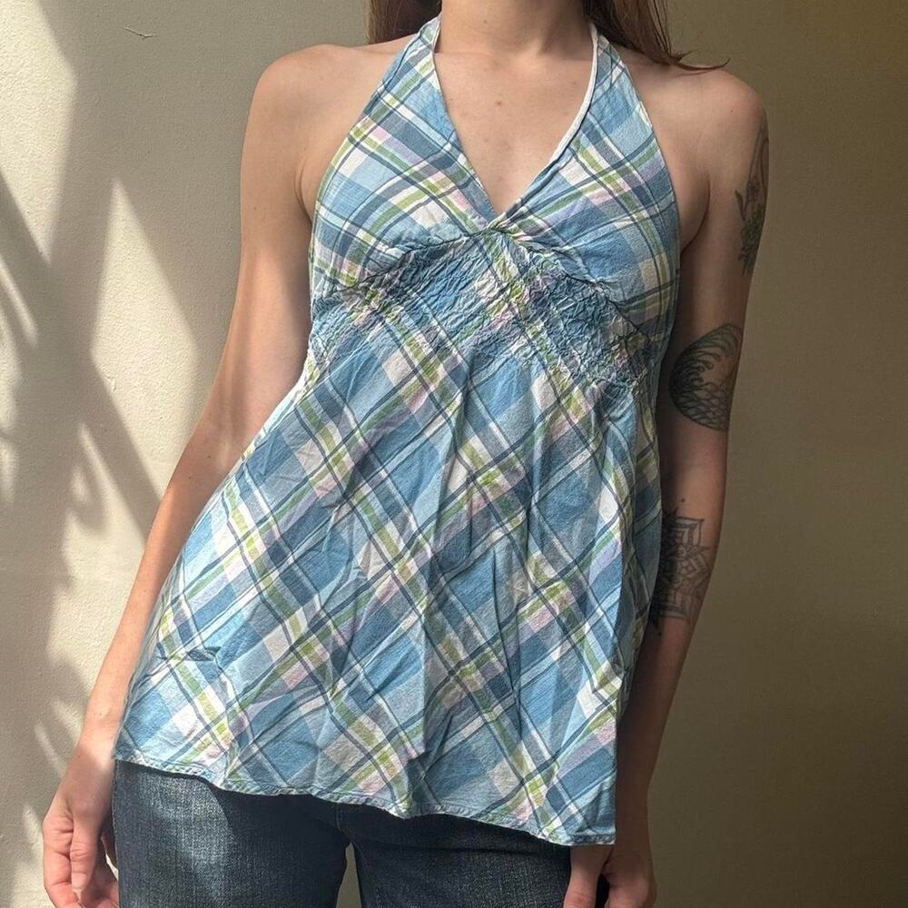 Vintage SO! Wear It Declare It Blue Plaid Halter Top Small Y2K - Picture 1 of 3